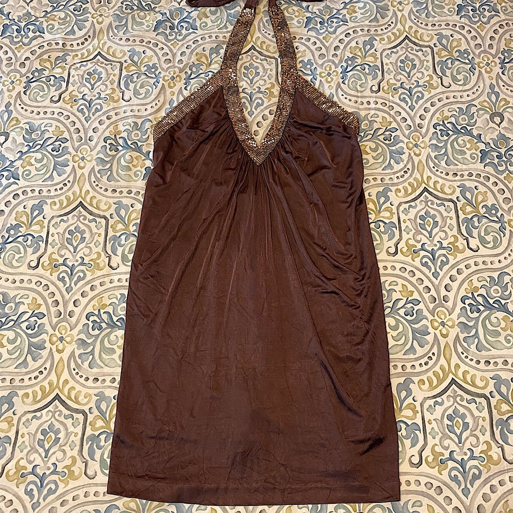 BCBG gold chain metal mini dress